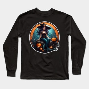 Halloween Witch with Mermaid Legs Long Sleeve T-Shirt